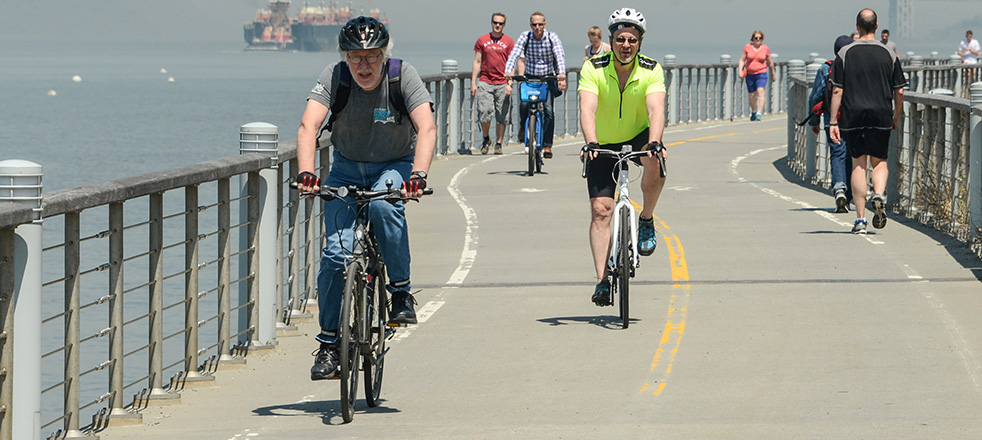 Bicyclists riding on a bike lane along the waterfront.