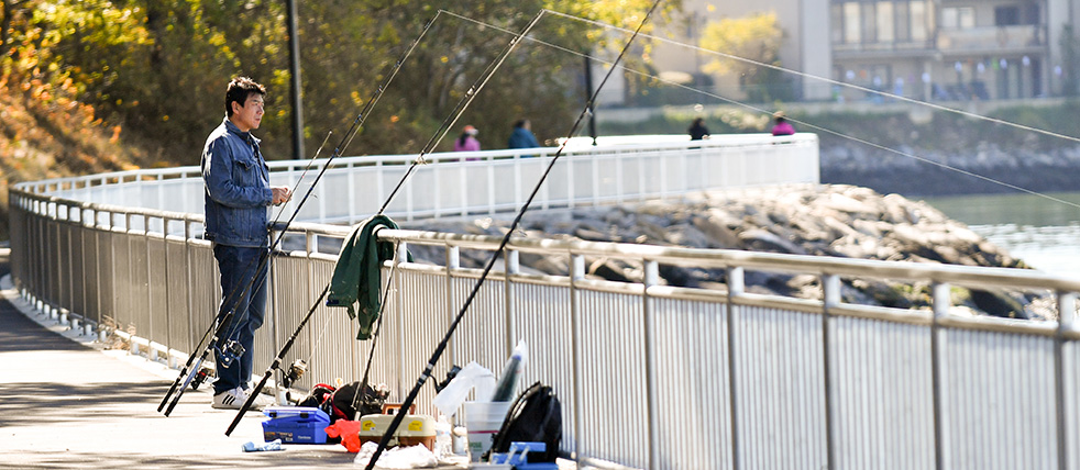 A man with multiple fishing rods cast into the water.