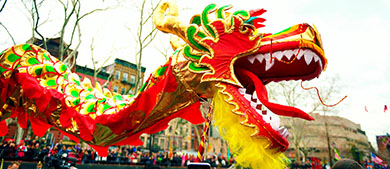 A dragon costume dances through a Lunar New Year celebration in the park