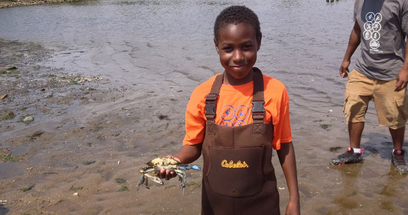 A kid at summer camp holds up a crab discovered on the shores of a creek in the park.