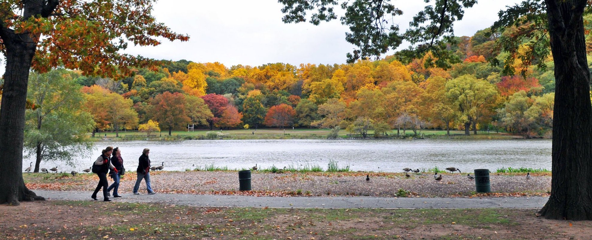 Parkgoers walk along a path that features a view of the forest in fall color across the lake