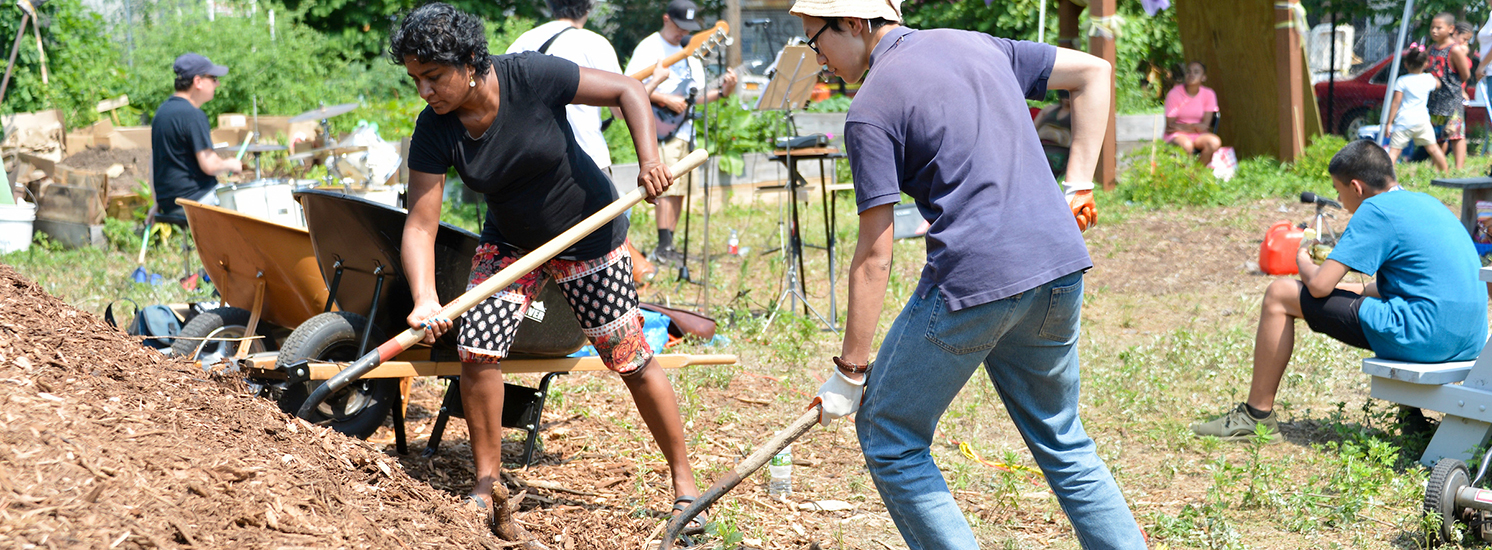 People working together to shovel a large pile of mulch. There appears to be a lot of activity in the garden. 