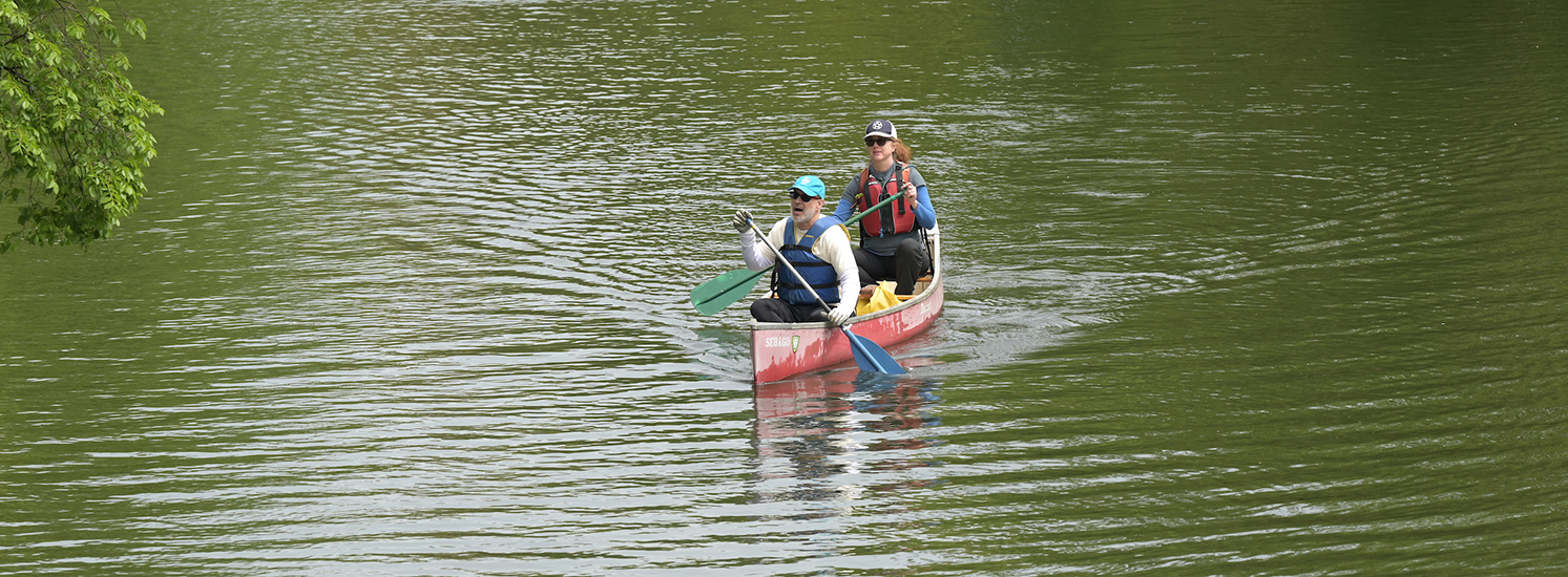 Two paddlers navigate their canoe along a river.