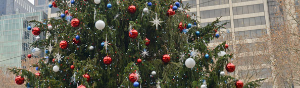 Close-up of the christmas tree at Bryant Park ice skating rink