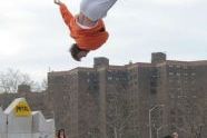 A member of The Skyriders demonstrates another way to get air--a trampoline 