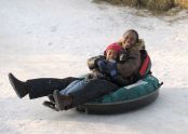 Buddies at the end of the 70-foot snow flume 