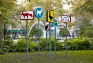 6 escaped animals (2001), street signs painted with various animals, view 2  