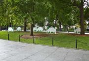 My Auntâ€™s Sheep (1997), six enamel-painted aluminum signs of white sheep, view 2 