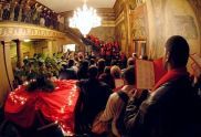 Gathered in the lobby for holiday carols 